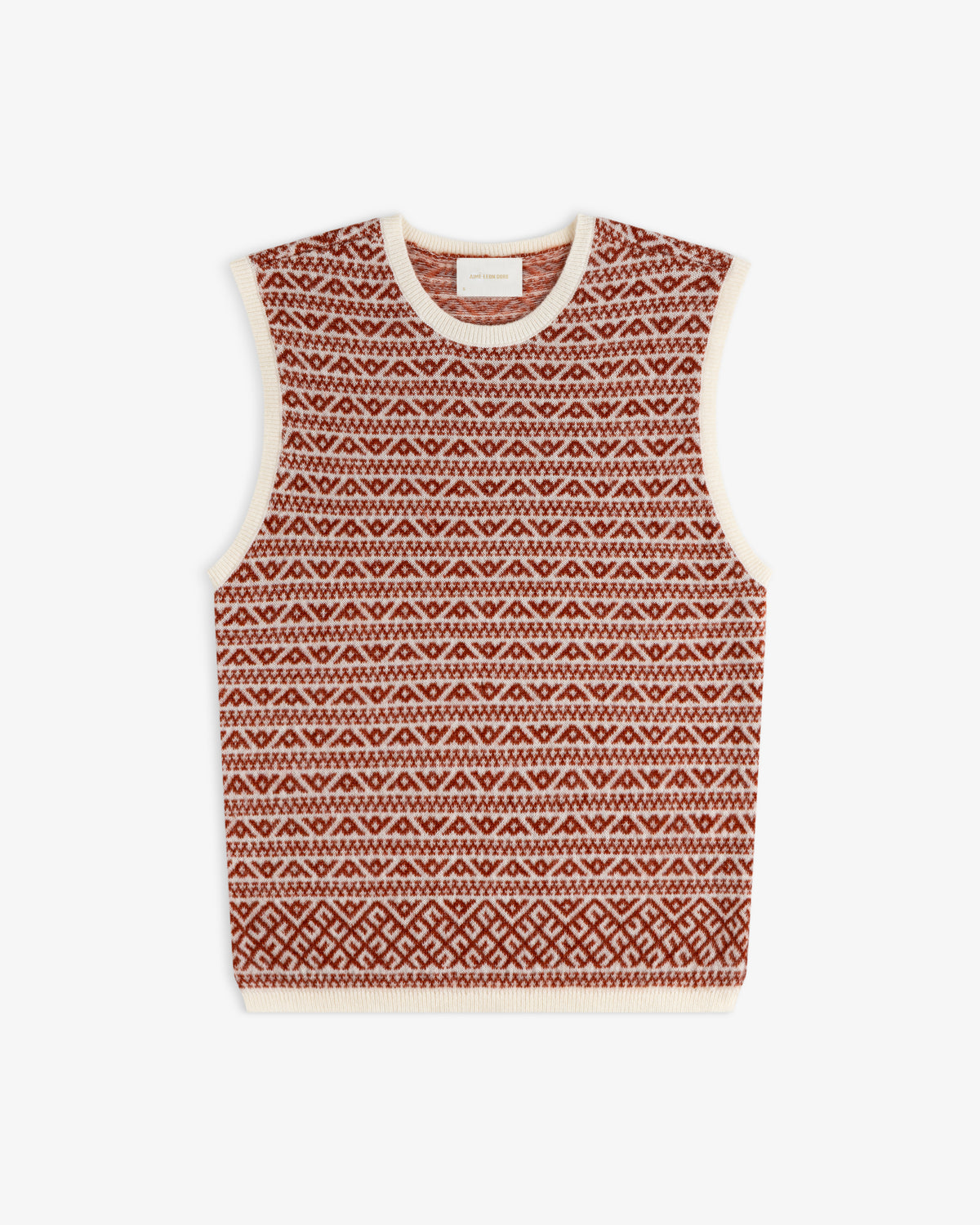 Wool Cashmere Jacquard Shell sleeveless knit sweater vest in a rust and cream geometric pattern with cream trim.