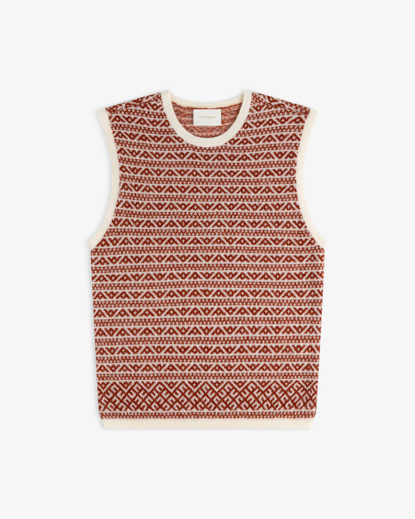 Wool Cashmere Jacquard Shell sleeveless knit sweater vest in a rust and cream geometric pattern with cream trim.
