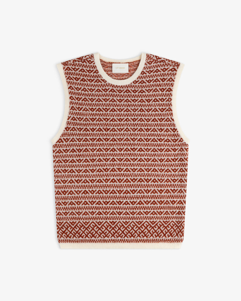 Wool Cashmere Jacquard Shell sleeveless knit sweater vest in a rust and cream geometric pattern with cream trim.