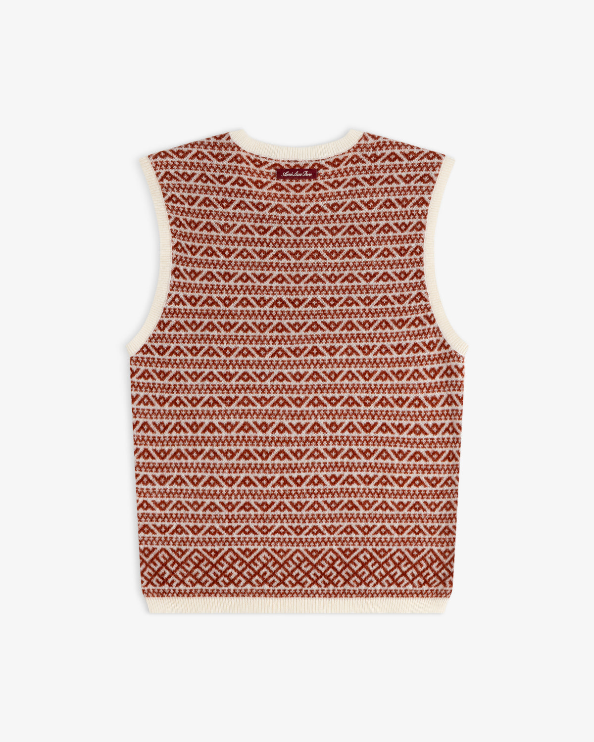 Back view: Wool Cashmere Jacquard Shell, a sleeveless vest with a red/beige geometric pattern and cream trim.