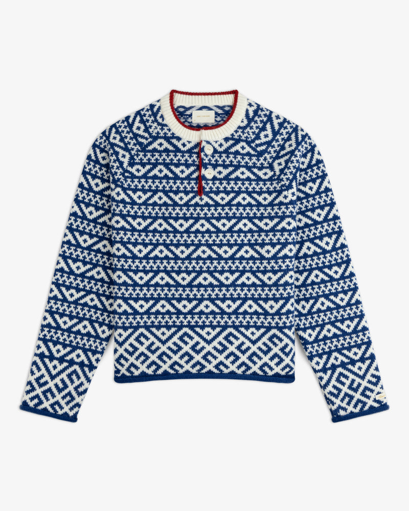 Poros Jacquard Pullover in a blue and white pattern with a two-button placket and red-trimmed collar.