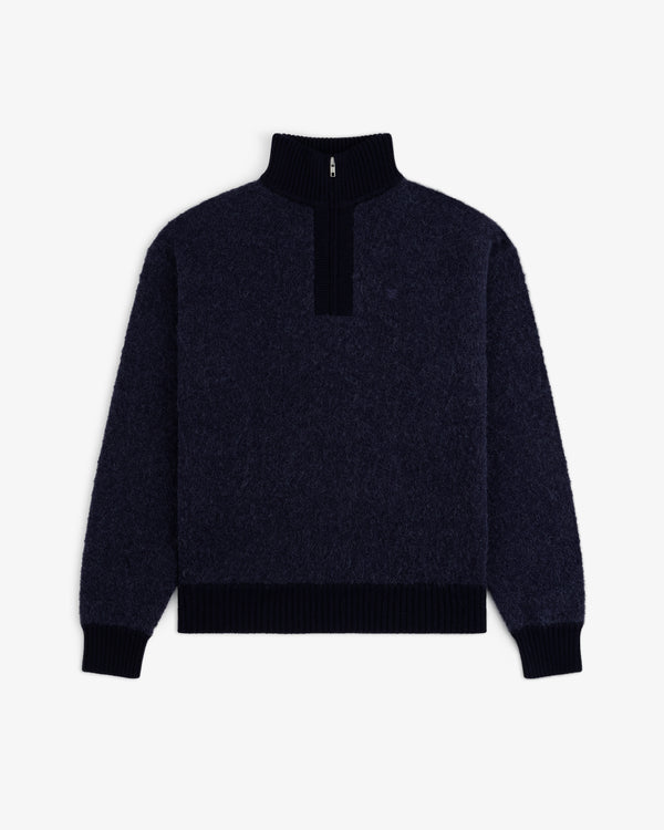 Alpaca Wool Quarter Zip Sweater: dark blue, fuzzy, black ribbed trim, partial zipper, shown on white background.