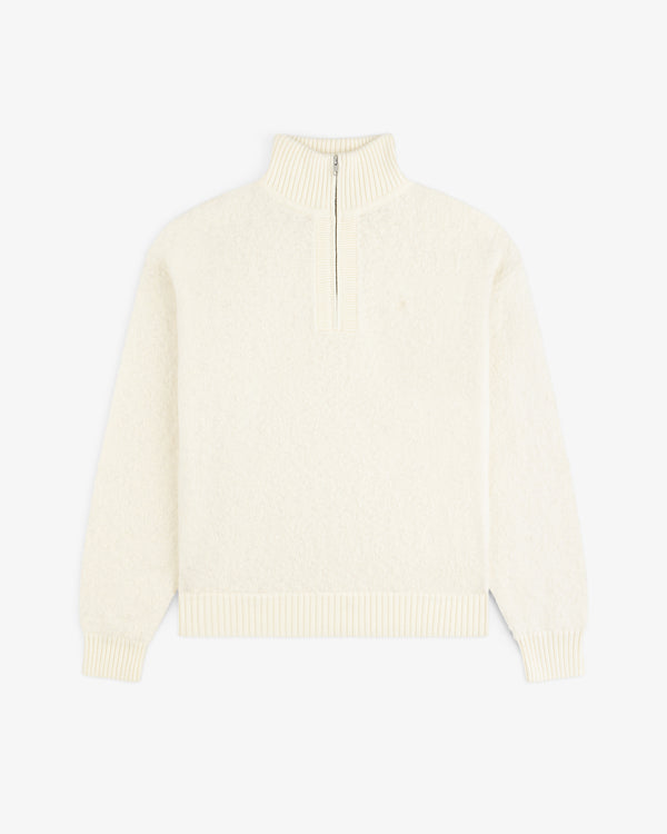 Alpaca Wool Quarter Zip Sweater—cream, long sleeves, ribbed trim, and half-zip collar.