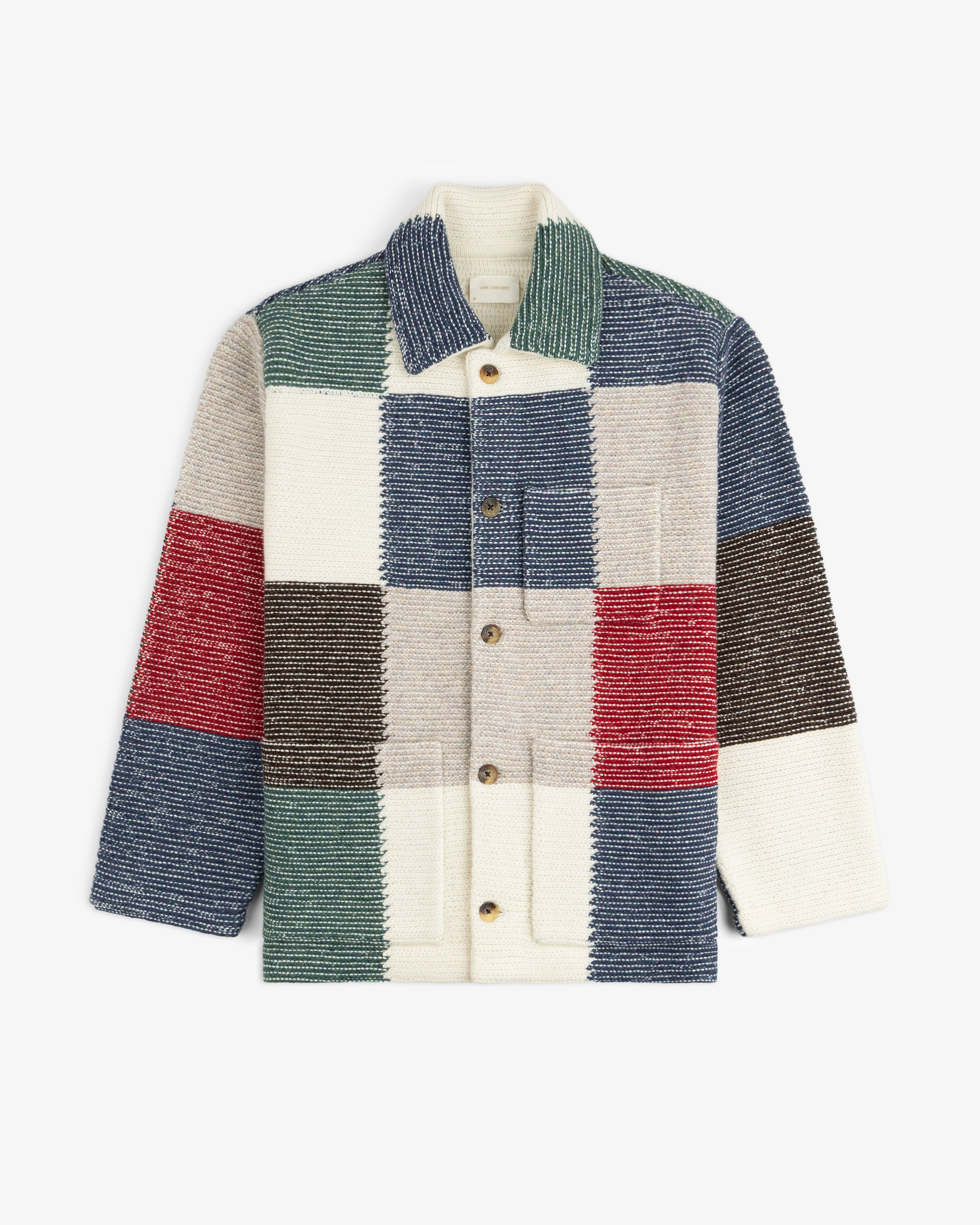 Patchwork Knit Chore Jacket with a button-front and multicolored patchwork knit pattern.