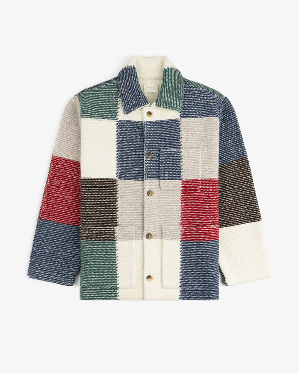 Patchwork Knit Chore Jacket with a button-front and multicolored patchwork knit pattern.