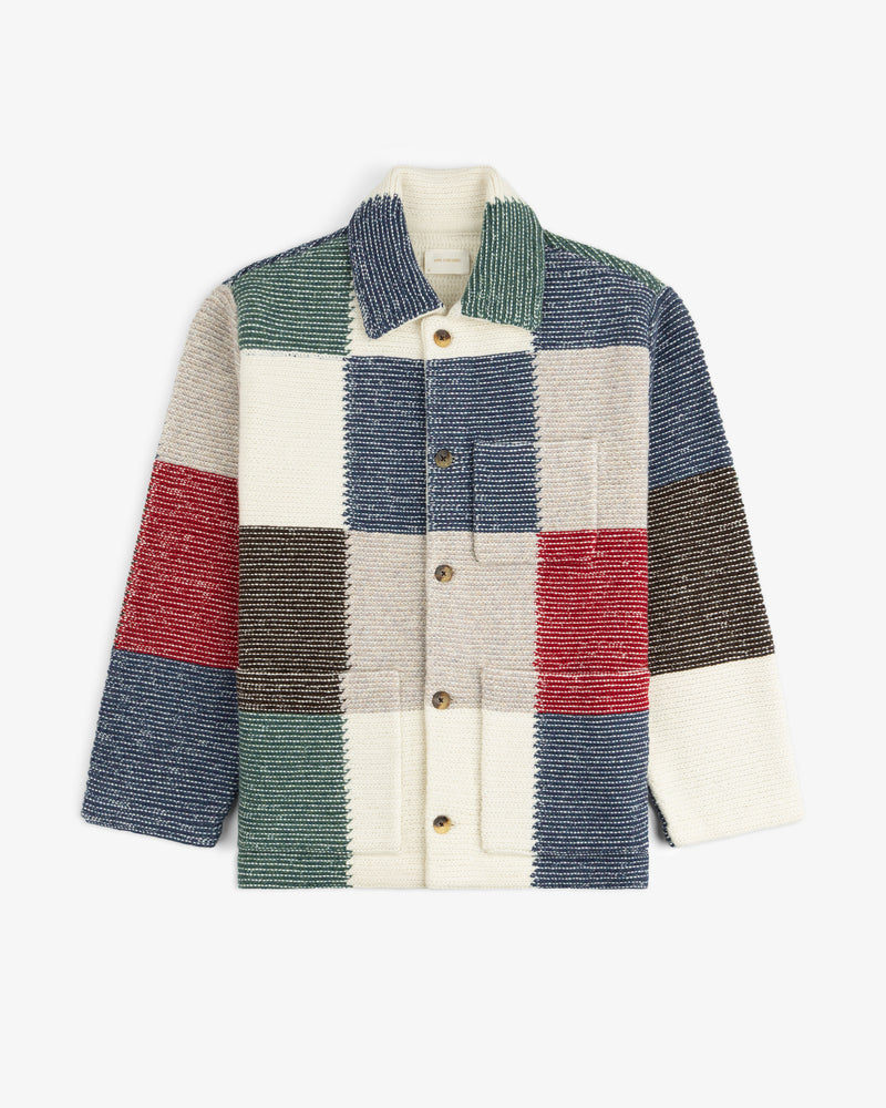 Patchwork Knit Chore Jacket with a button-front and multicolored patchwork knit pattern.