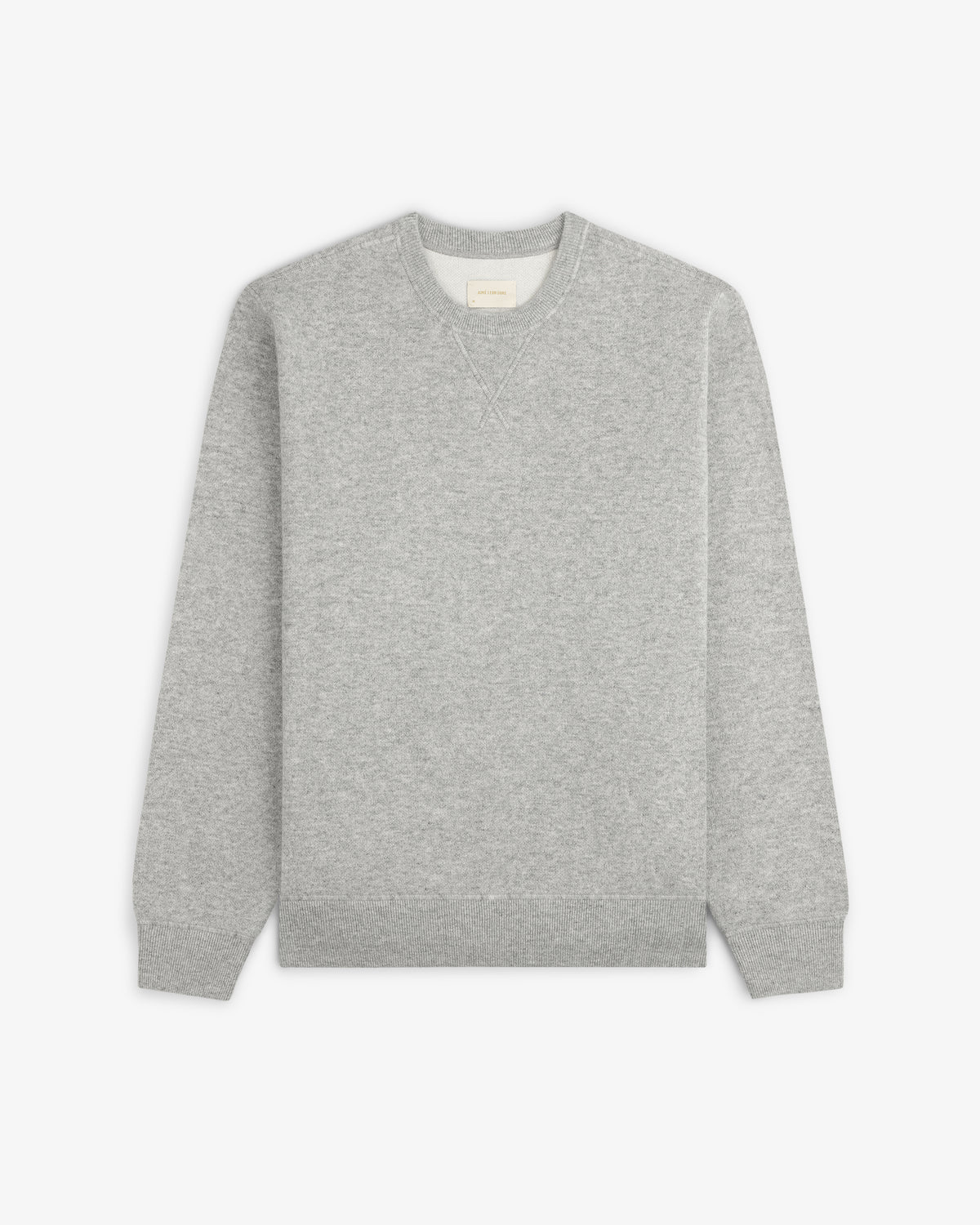Pavilion Cashmere Crewneck Sweatshirt in light gray, laid flat on white with ribbed cuffs and waistband.