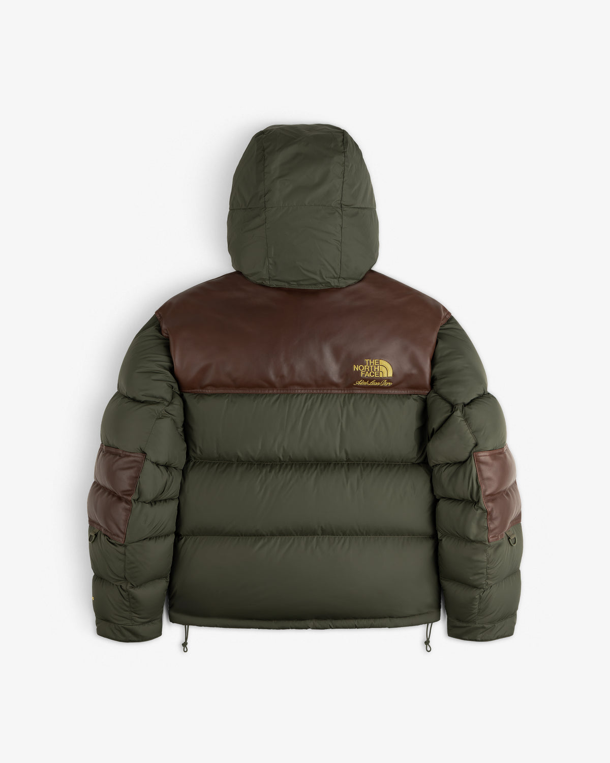 ALD / The North Face Baltoro Jacket in olive green/brown with hood, back view, featuring The North Face logo.