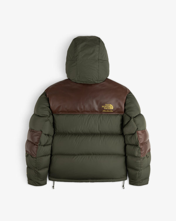 ALD / The North Face Baltoro Jacket in olive green/brown with hood, back view, featuring The North Face logo.