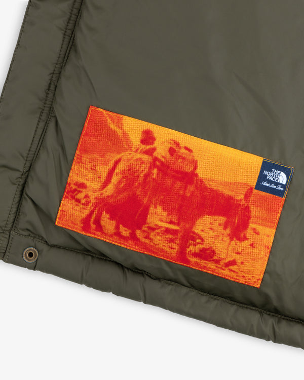 ALD / The North Face Baltoro Jacket: Olive with orange patch (person & donkey) and small blue/white North Face tag.