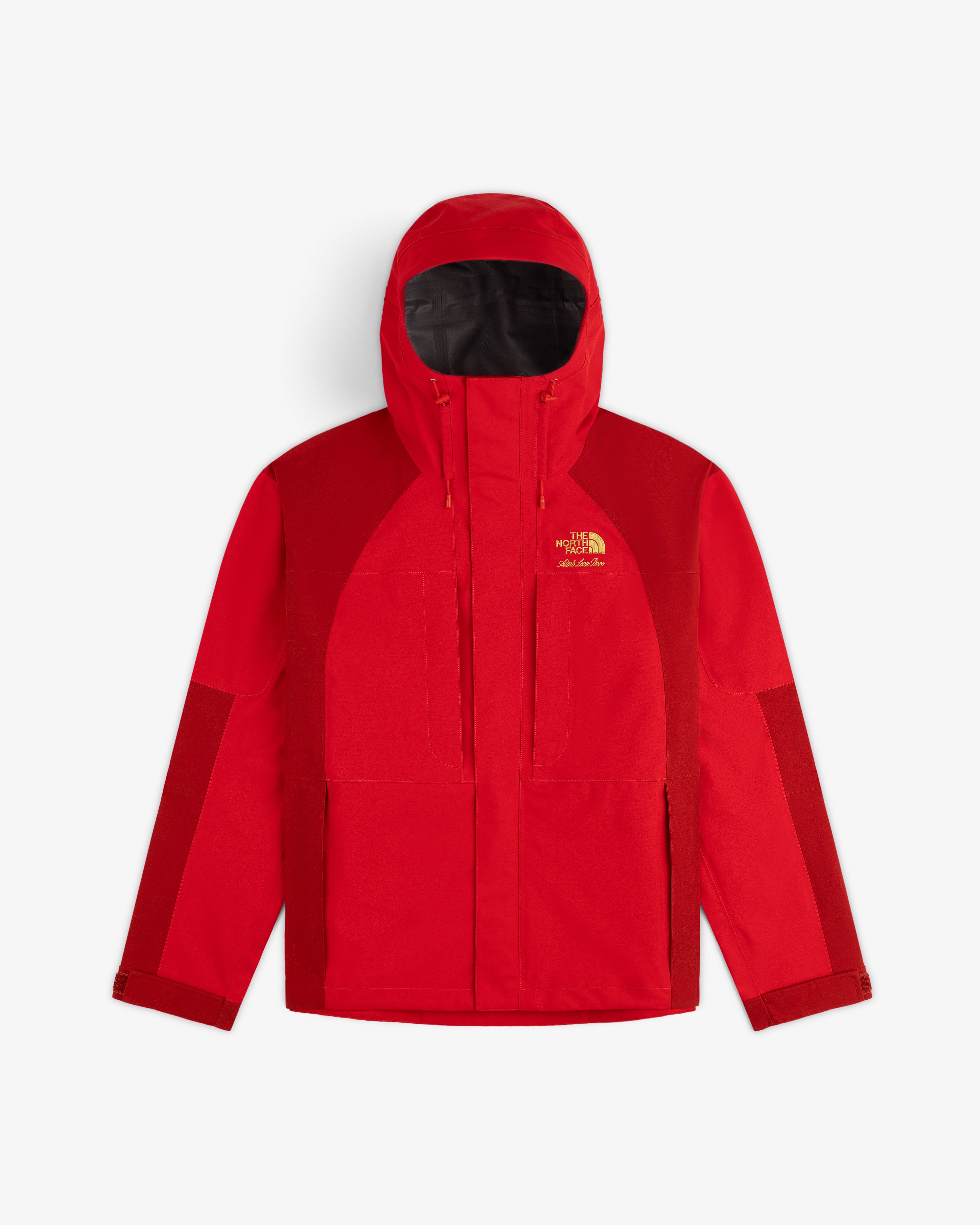 ALD/The North Face GORE-TEX 2000 Mountain Jacket: bright red with hood, chest/side pockets, gold logo, adjustable cuffs.