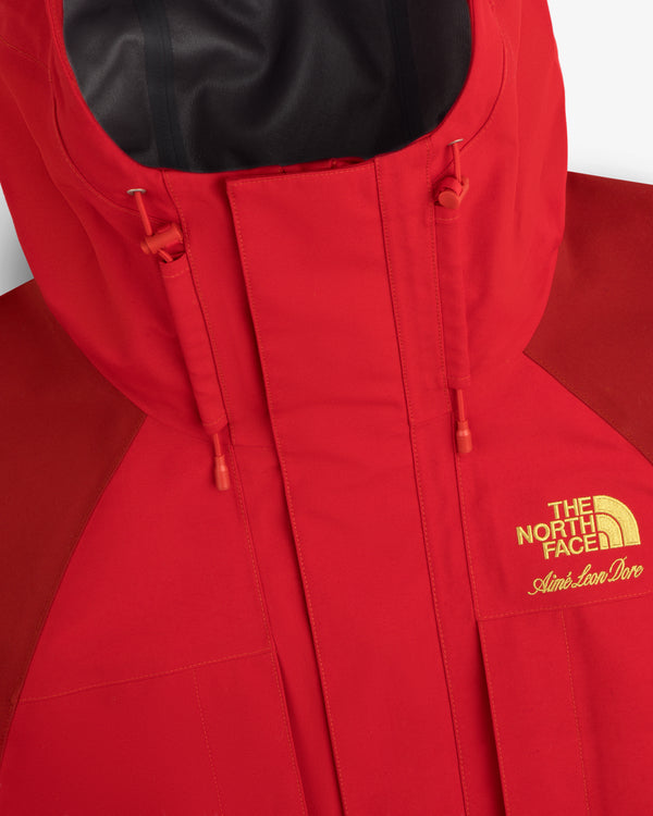 Close-up of a red ALD / The North Face GORE-TEX 2000 Mountain Jacket with yellow Aint-Love-Doré chest embroidery.