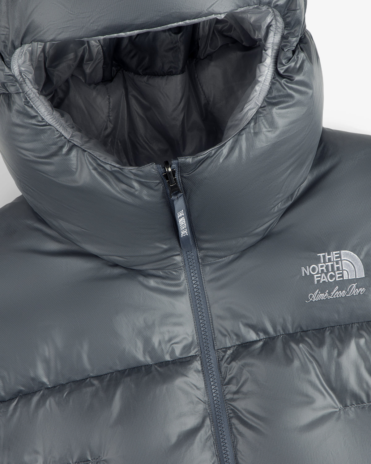 Close-up of the ALD / The North Face Reversible Pertex® Nuptse Jacket with logos by the zipper on the chest.