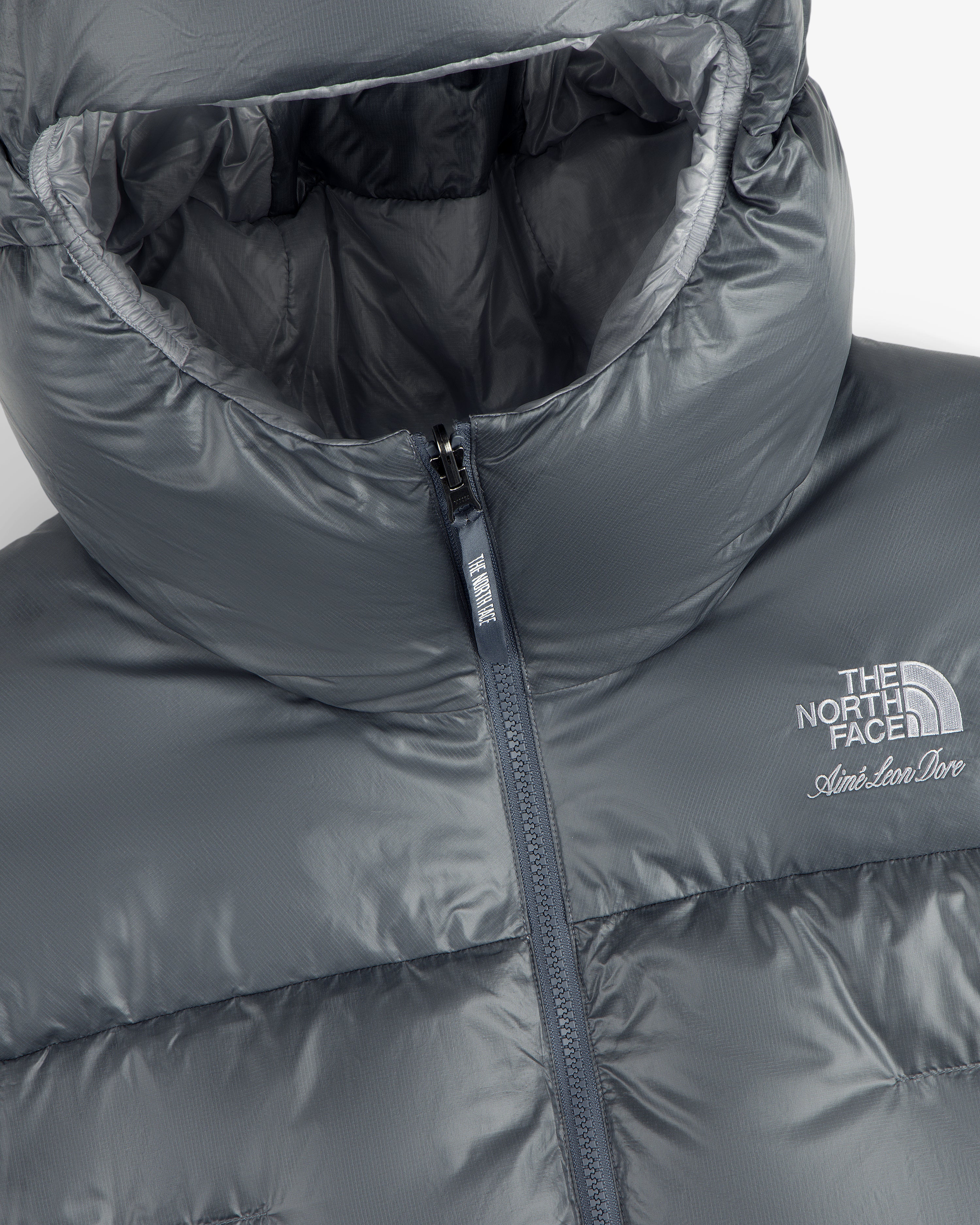 Close-up of the ALD / The North Face Reversible Pertex® Nuptse Jacket with logos by the zipper on the chest.