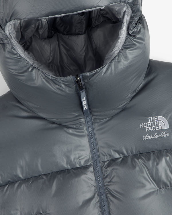 Close-up of the ALD / The North Face Reversible Pertex® Nuptse Jacket with logos by the zipper on the chest.