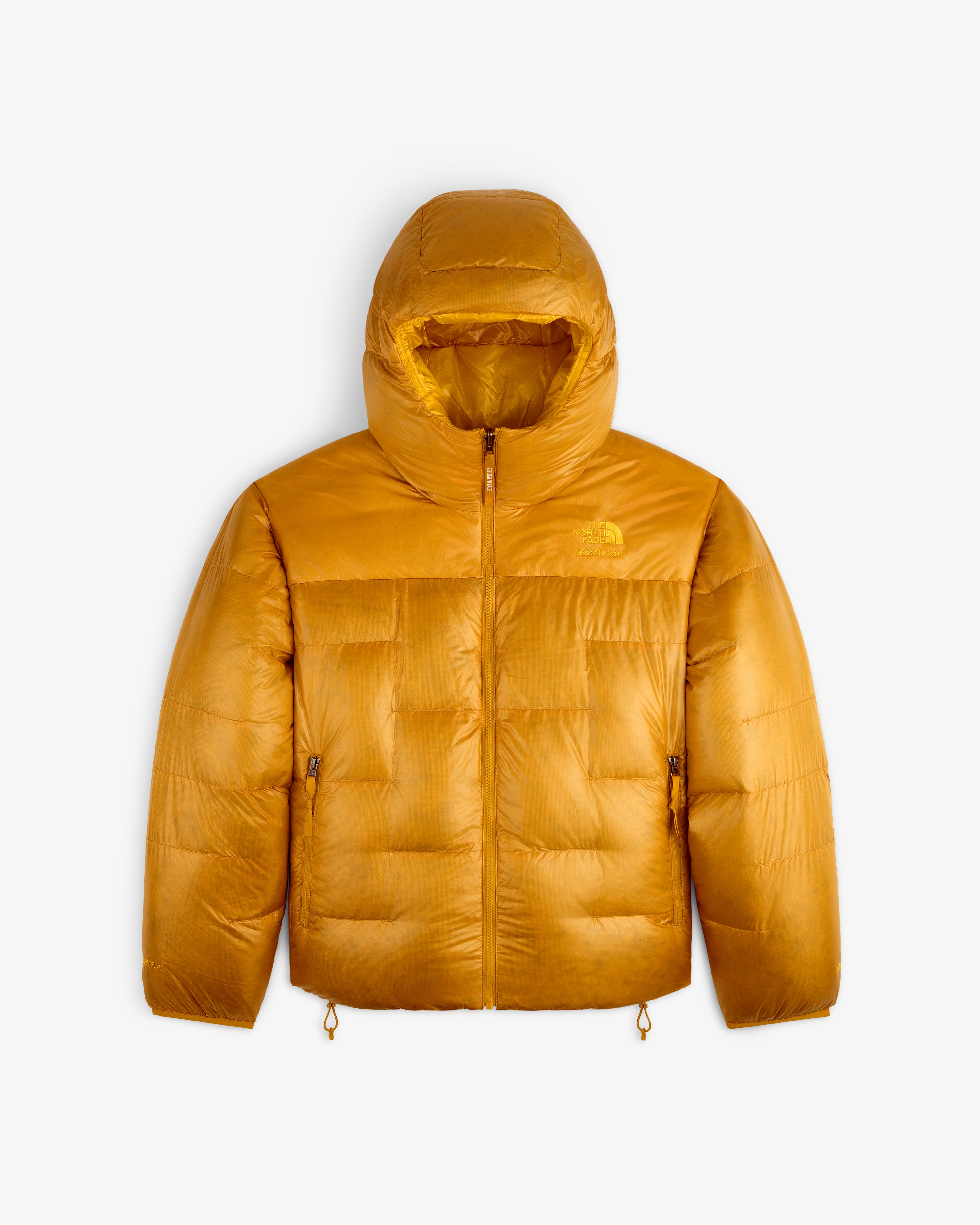 ALD/The North Face Reversible Pertex® Nuptse Jacket in shiny orange with hood and zippered pockets, on white background.