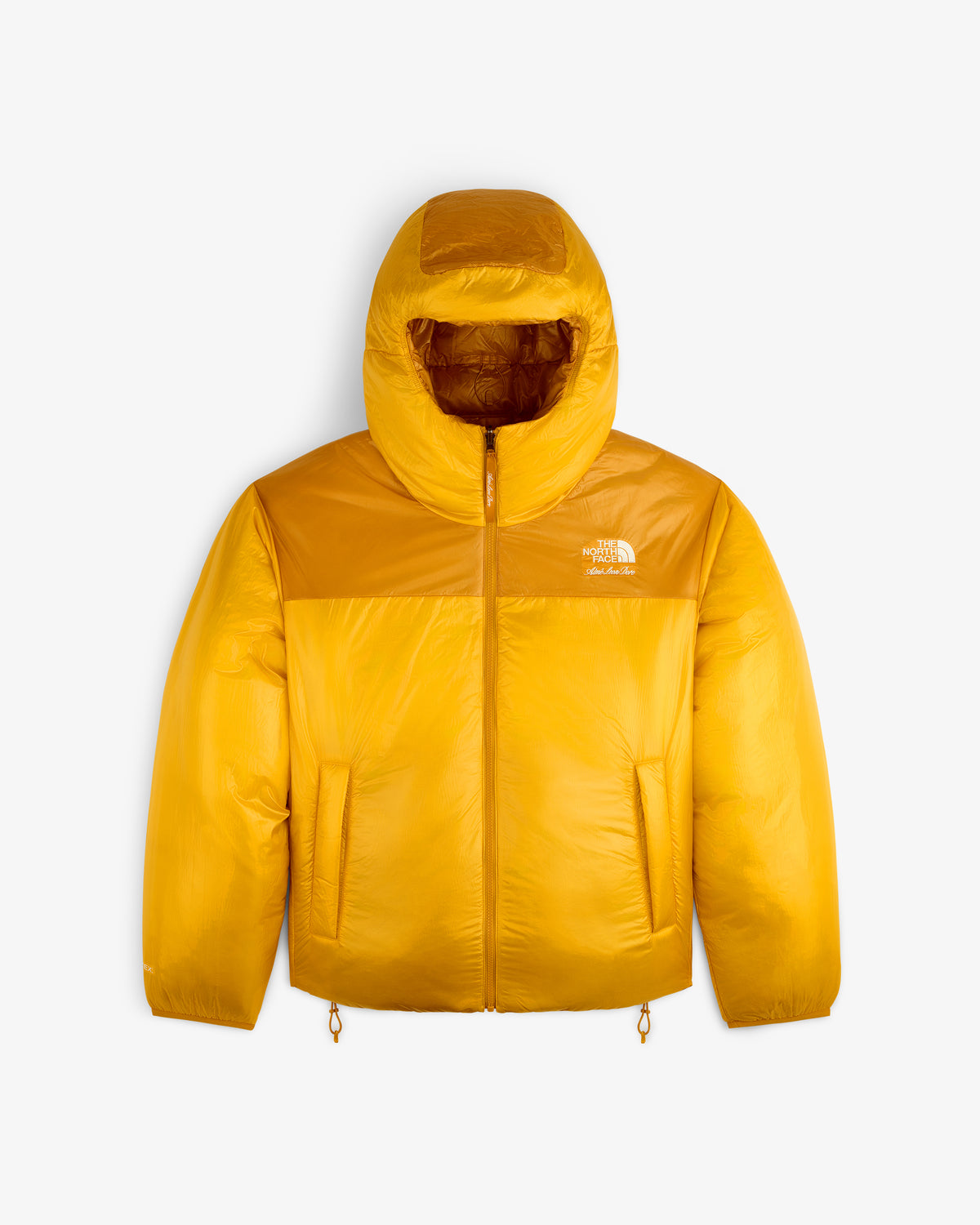 ALD/The North Face Reversible Pertex® Nuptse Jacket in bright yellow with hood, front zip, and two pockets.