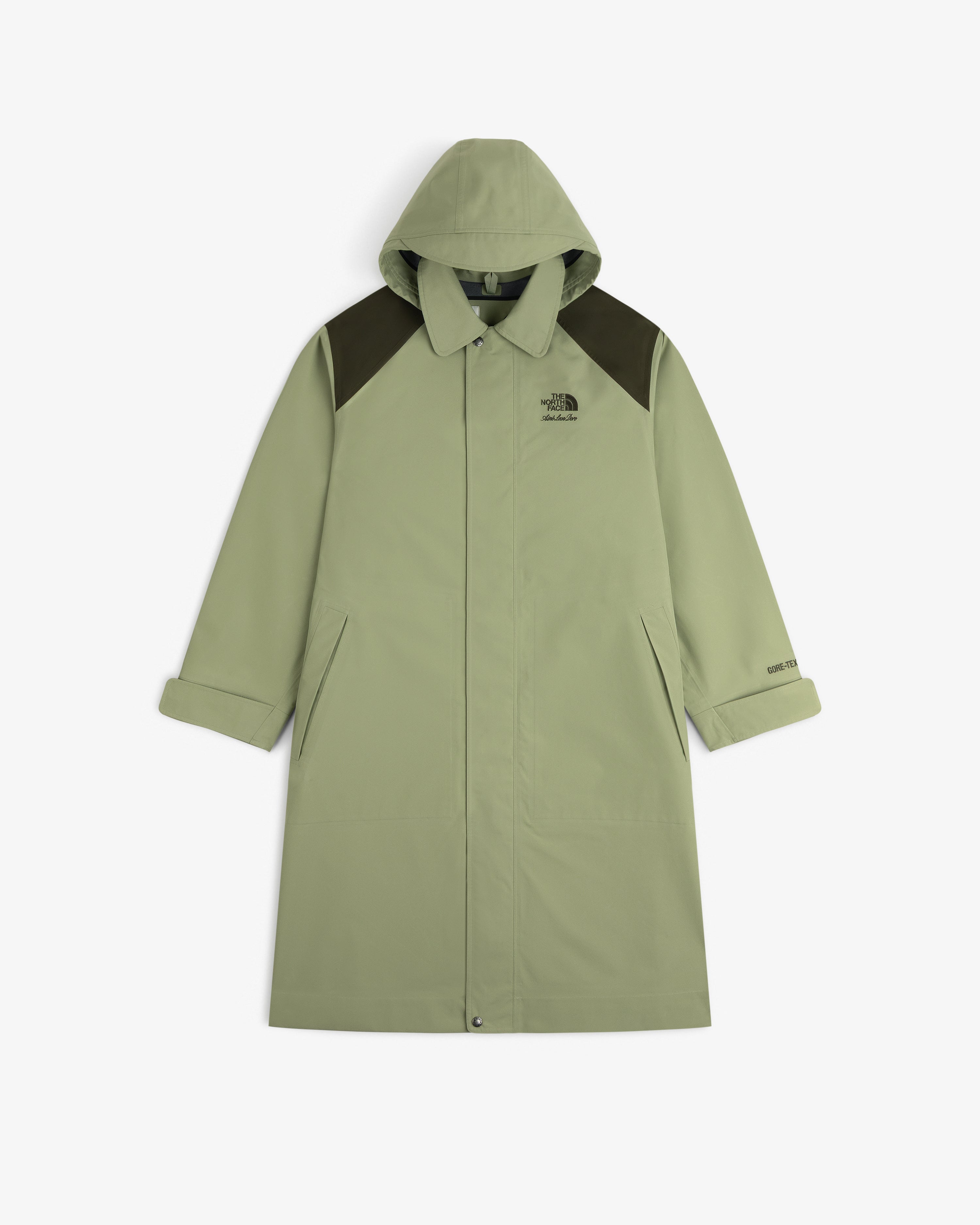 Light green ALD / The North Face GORE-TEX Trench Coat with dark shoulders, snaps, pockets & chest logo.