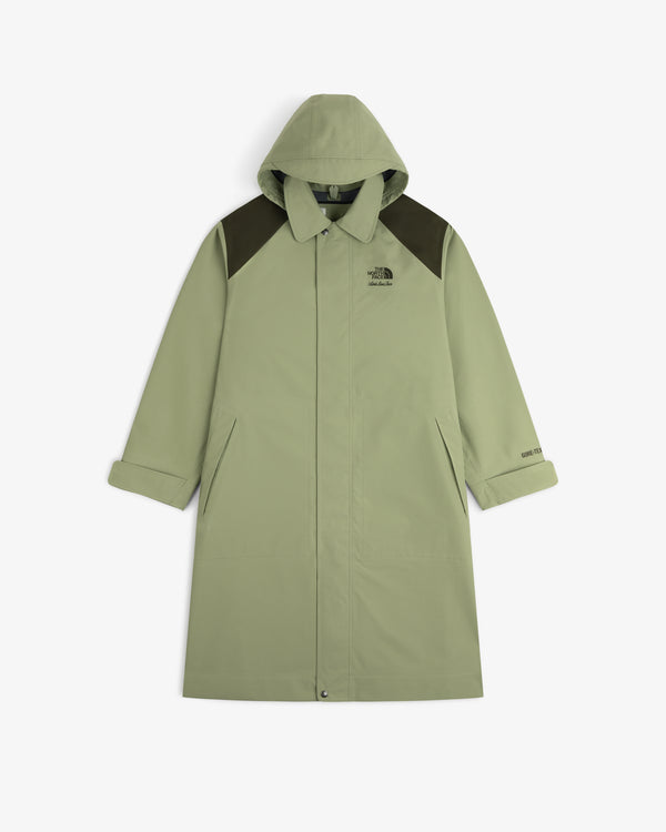 Light green ALD / The North Face GORE-TEX Trench Coat with dark shoulders, snaps, pockets & chest logo.