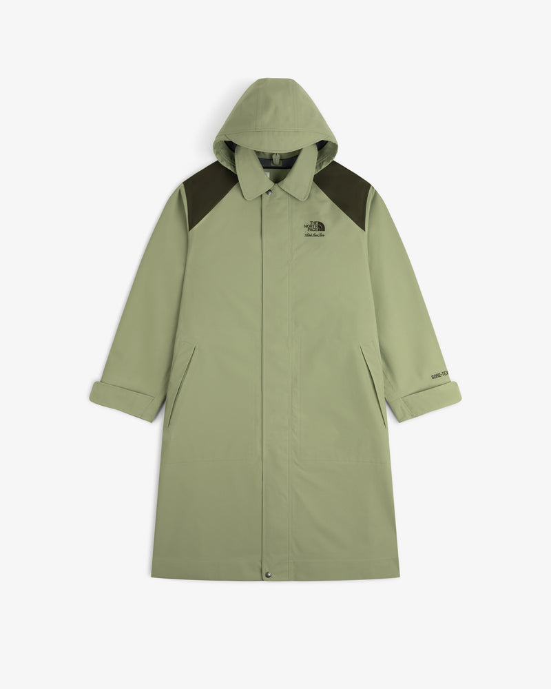 Light green ALD / The North Face GORE-TEX Trench Coat with dark shoulders, snaps, pockets & chest logo.