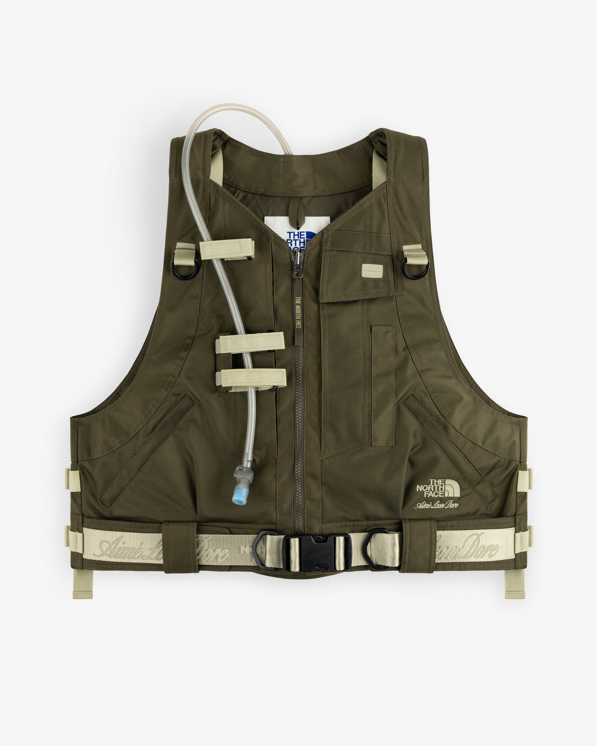 ALD / The North Face Ballistic Tech Vest: Olive green, beige straps, hydration tube, zip front, logo on right side.