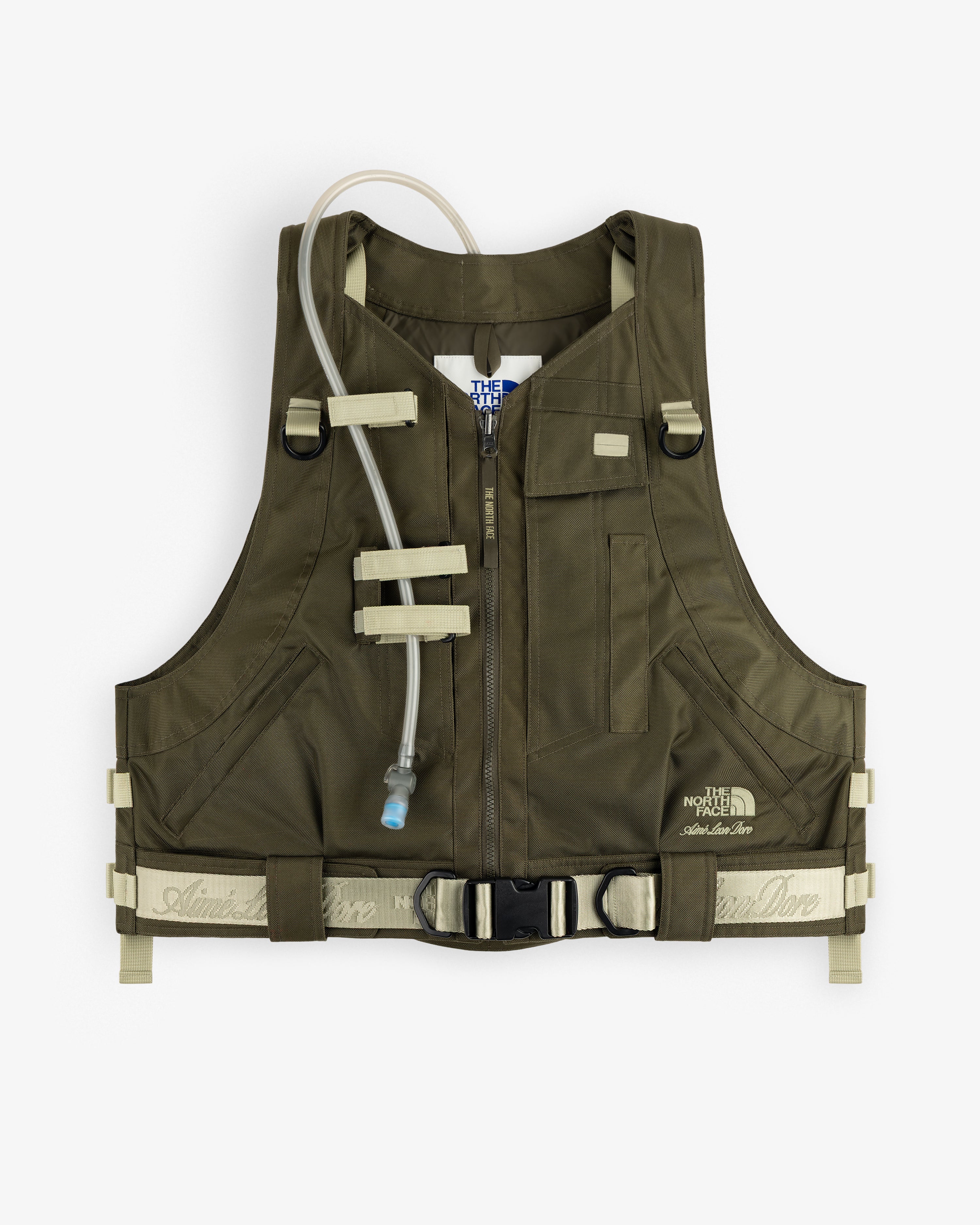 ALD / The North Face Ballistic Tech Vest: Olive green, beige straps, hydration tube, zip front, logo on right side.