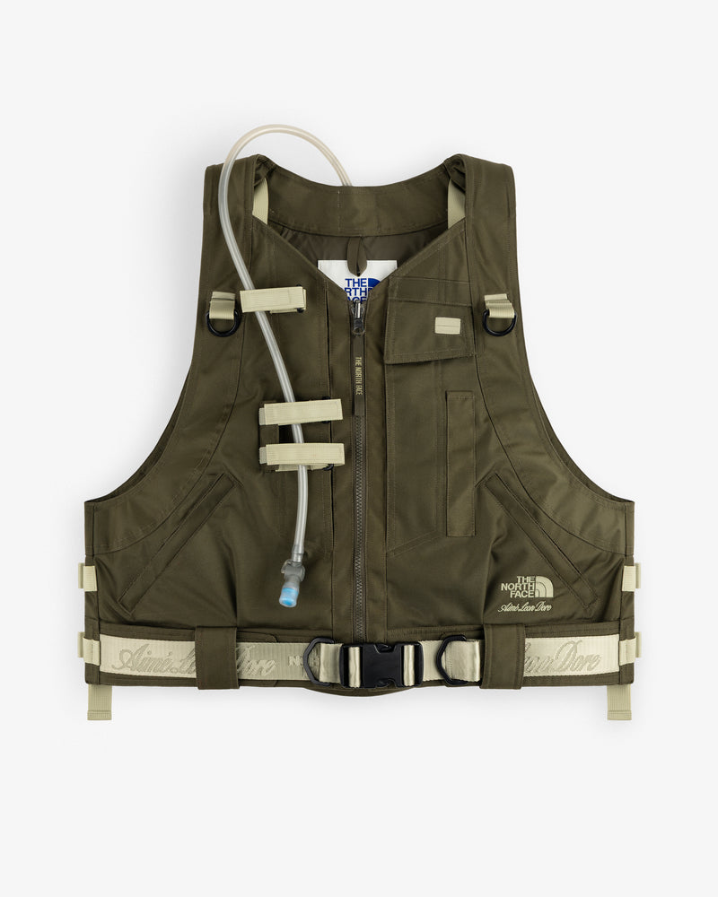ALD / The North Face Ballistic Tech Vest: Olive green, beige straps, hydration tube, zip front, logo on right side.