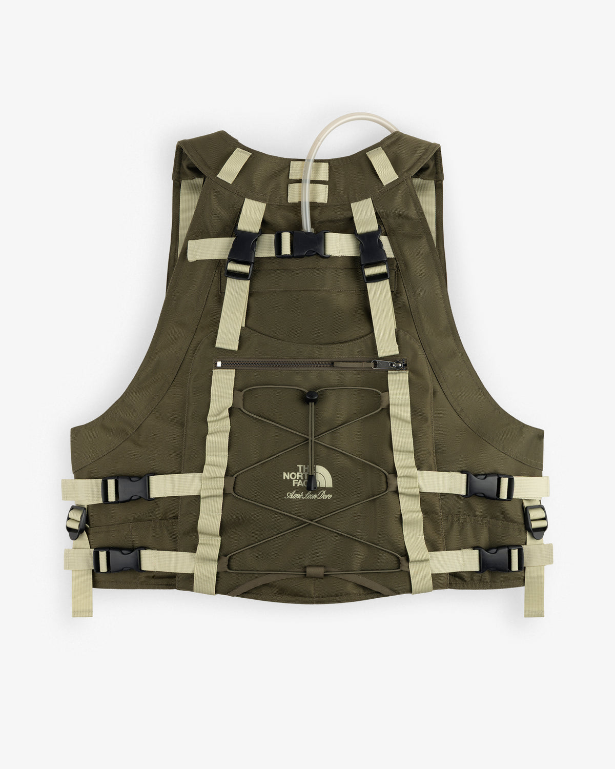 ALD / The North Face Ballistic Tech Vest in olive & beige with straps, buckles, front zip pocket, and logo detailing.