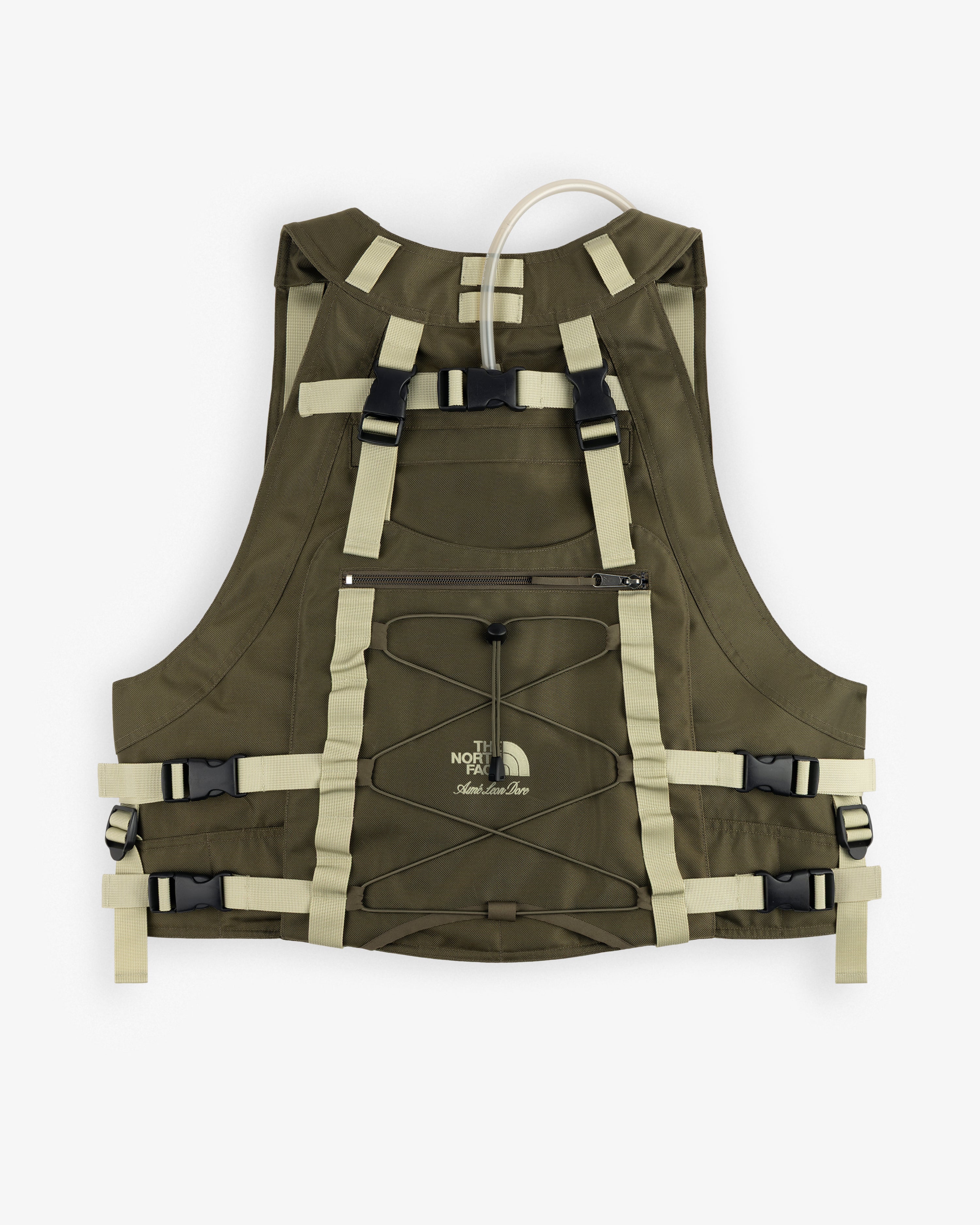 ALD / The North Face Ballistic Tech Vest in olive & beige with straps, buckles, front zip pocket, and logo detailing.