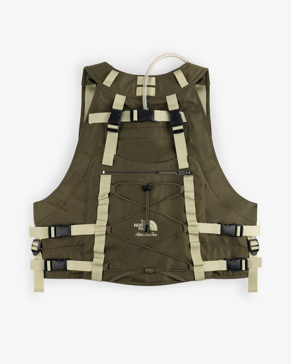 ALD / The North Face Ballistic Tech Vest in olive & beige with straps, buckles, front zip pocket, and logo detailing.