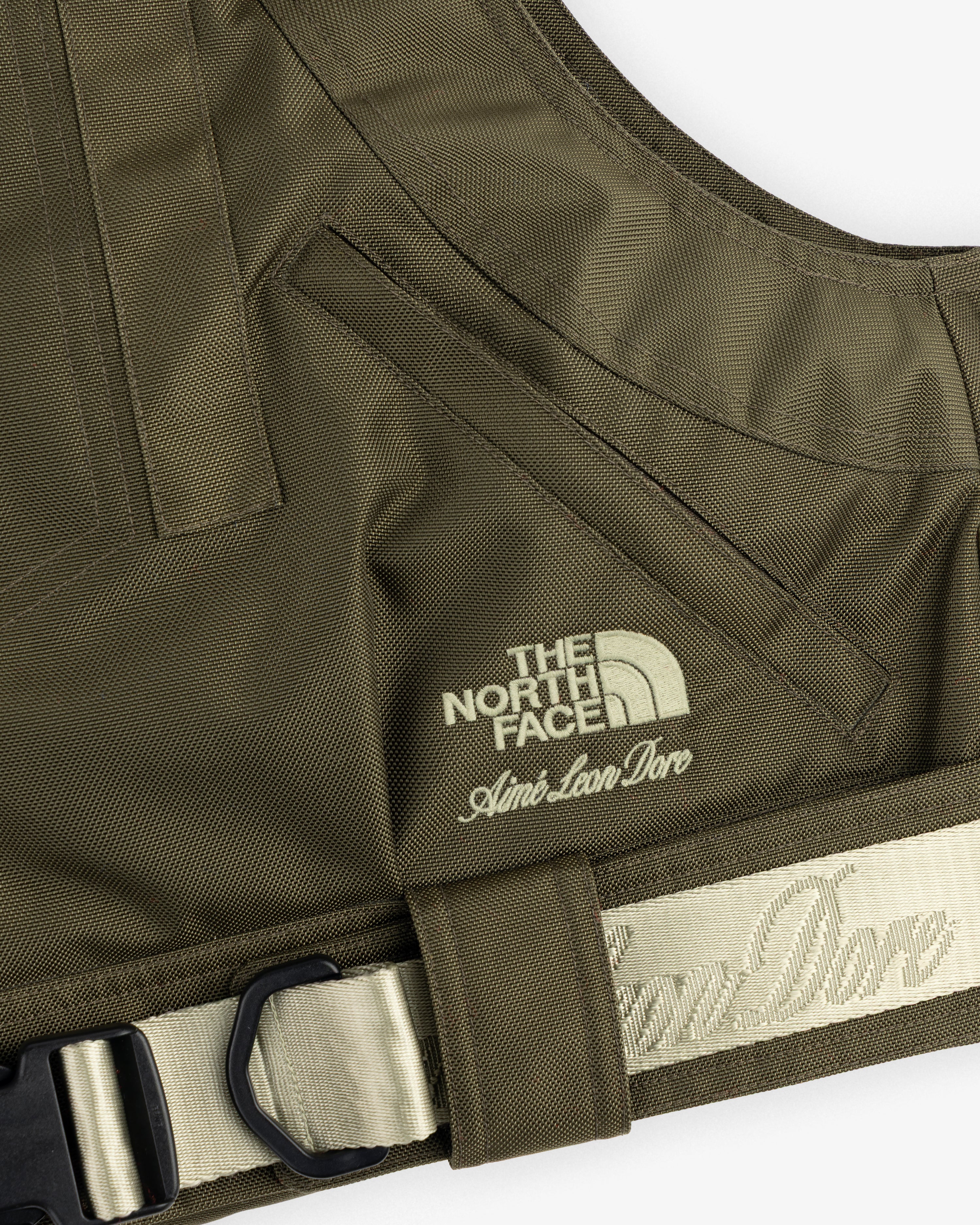 Close-up of the ALD / The North Face Ballistic Tech Vest with logos above a beige strap and buckle.