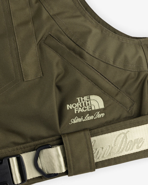 Close-up of the ALD / The North Face Ballistic Tech Vest with logos above a beige strap and buckle.