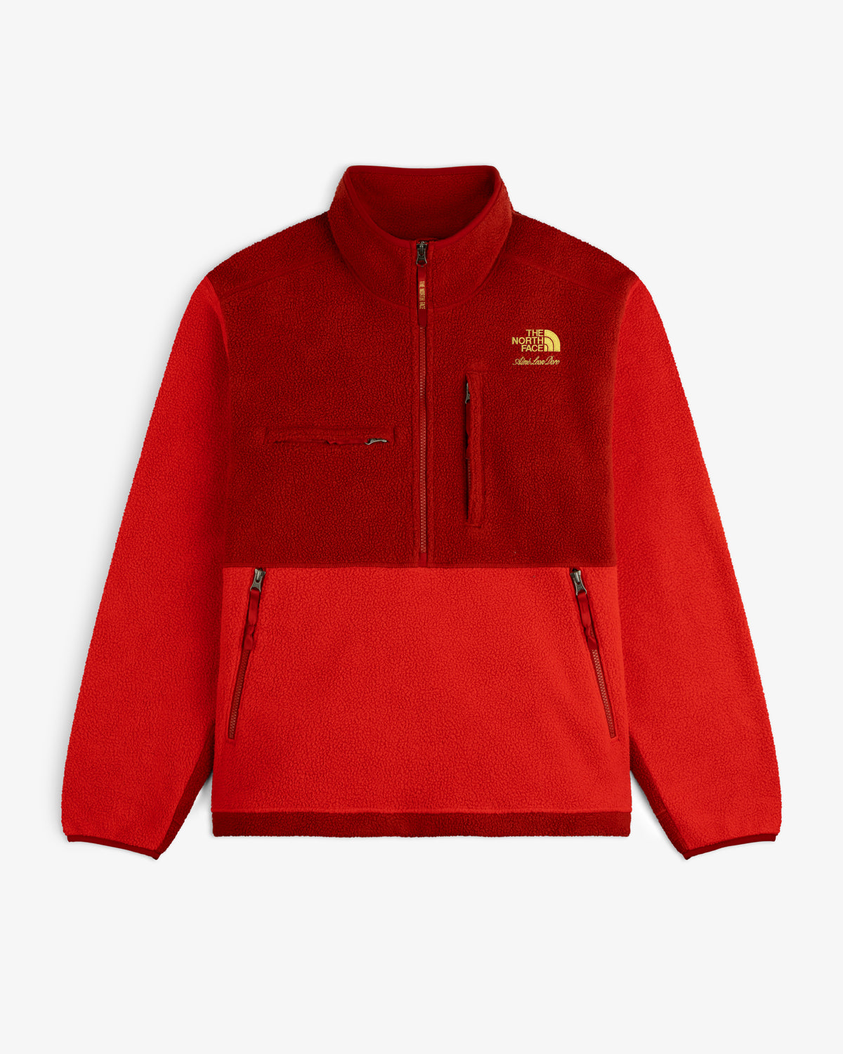 This is a red ALD/The North Face ’95 Denali Half-Zip Fleece Pullover with zip pockets and left chest logo.