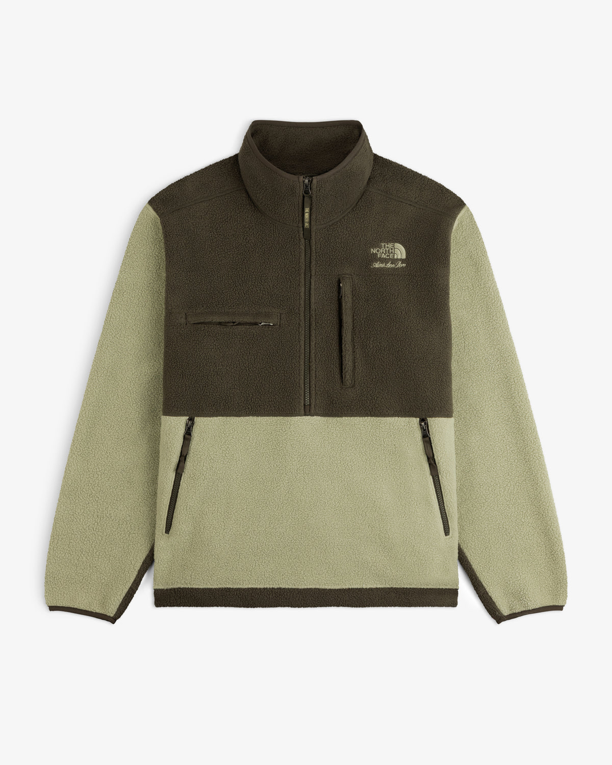 Green/dark brown ALD/The North Face ’95 Denali Half-Zip Fleece Pullover with zip pockets and quarter-zip front.