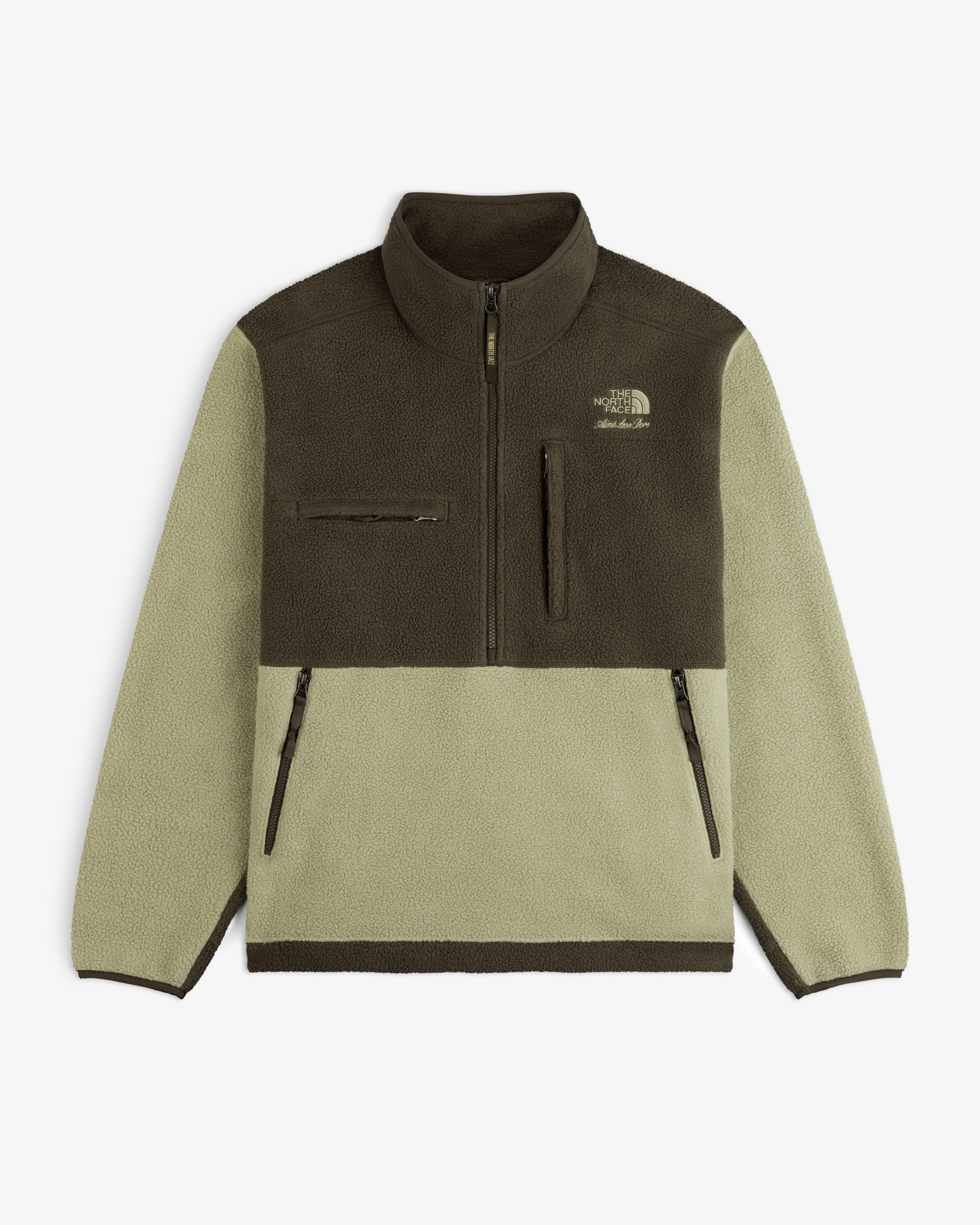 Green/dark brown ALD/The North Face ’95 Denali Half-Zip Fleece Pullover with zip pockets and quarter-zip front.