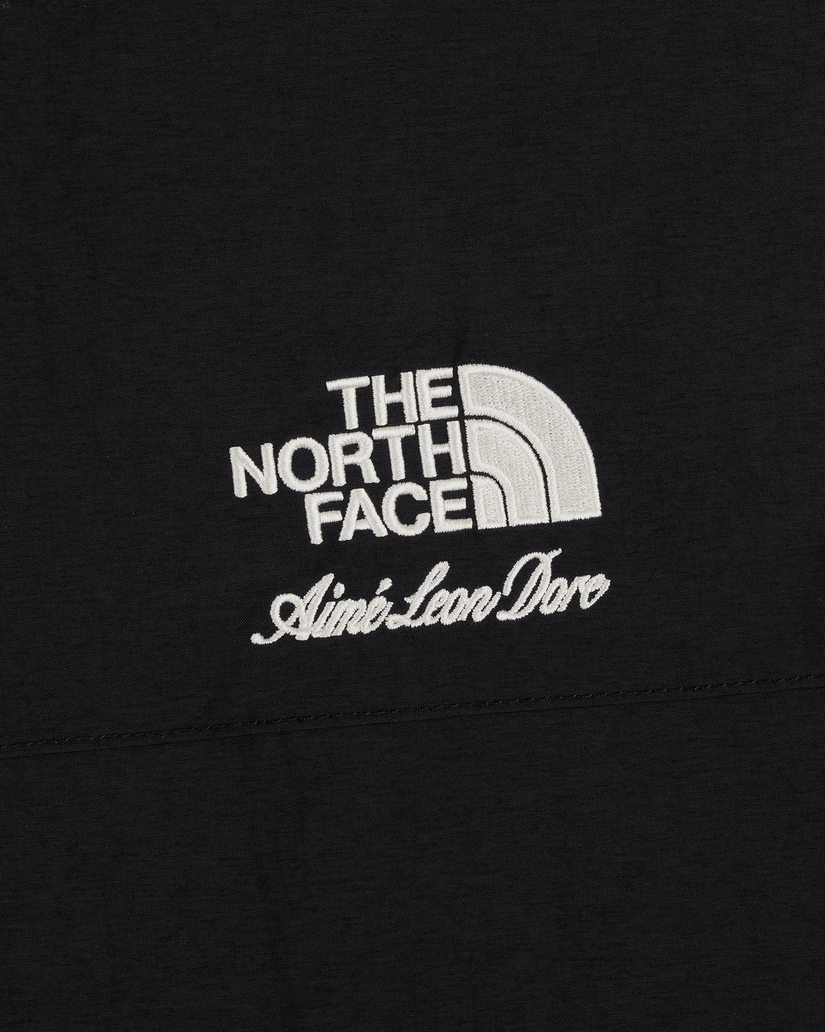 Close-up of ALD / The North Face Nylon Denali Jacket in black with white embroidered logos.