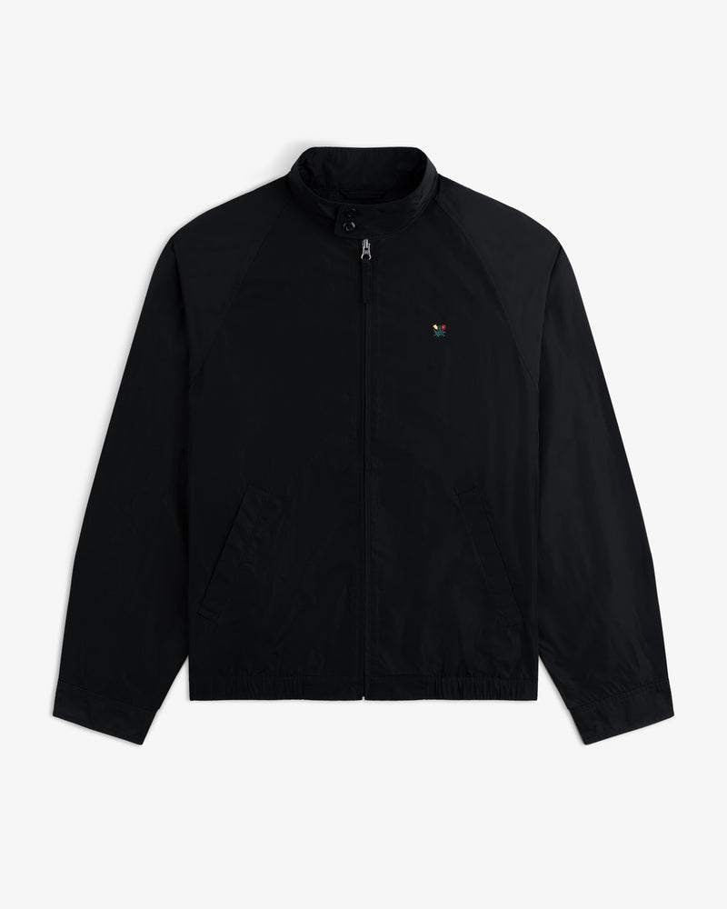 Crest Nylon Windbreaker: black zip-up with stand collar, side pockets, and colorful chest logo.