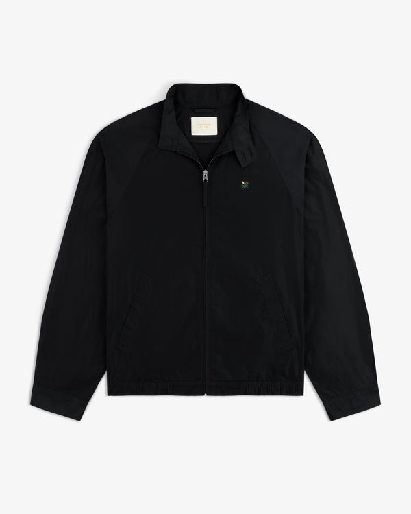Crest Nylon Windbreaker: black zip-up with collar, two side pockets, and a small chest logo.
