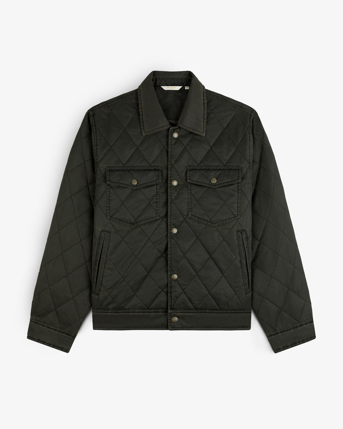 Dark olive quilted Quilted Trucker Jacket with two chest pockets and side pockets.