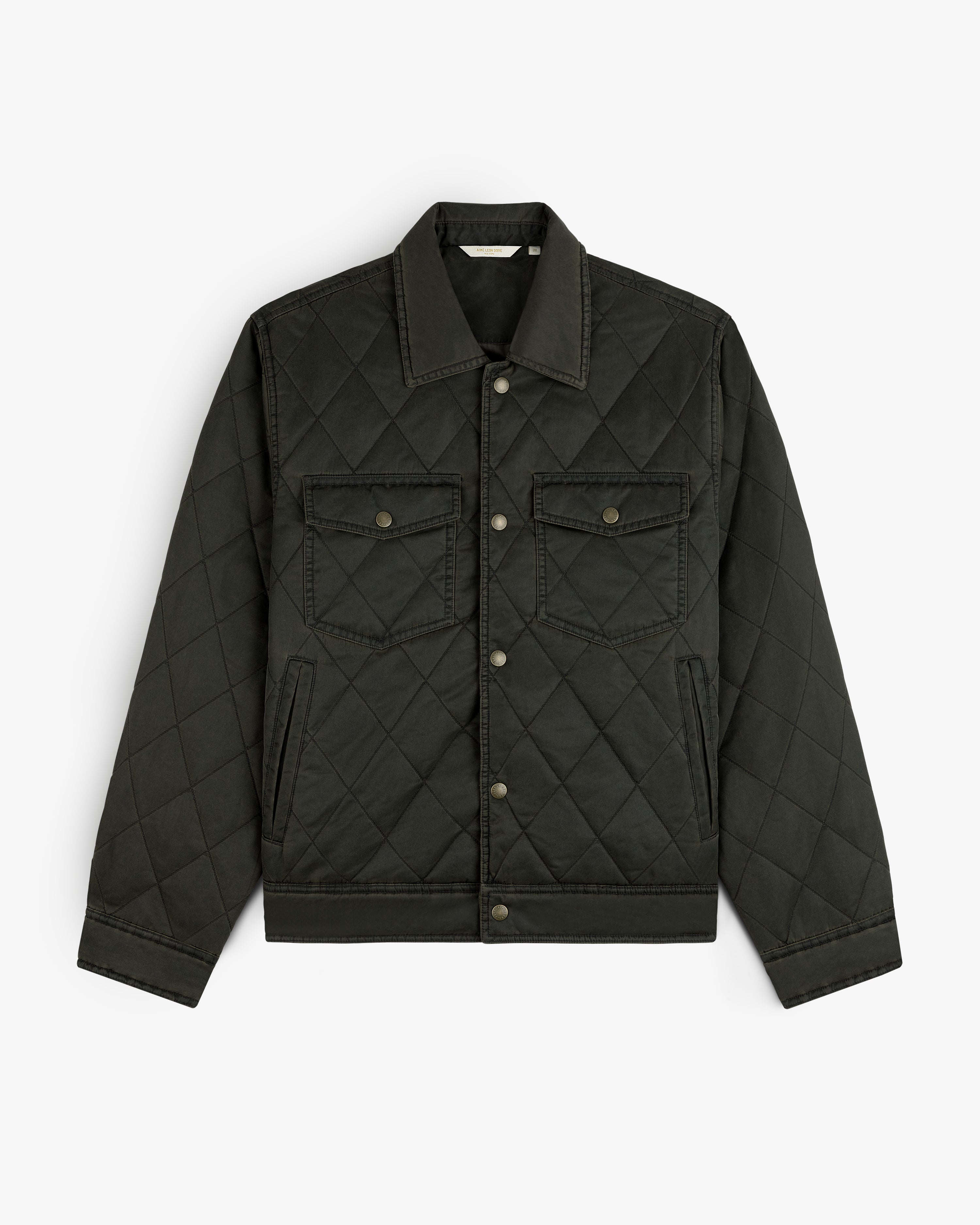 Dark olive quilted Quilted Trucker Jacket with two chest pockets and side pockets.