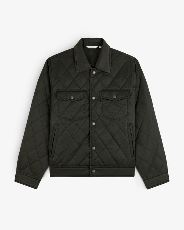 Dark olive quilted Quilted Trucker Jacket with two chest pockets and side pockets.