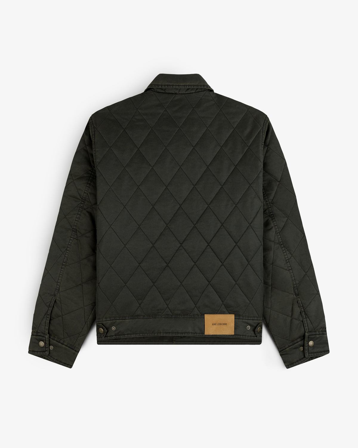 Back view of a dark green Quilted Trucker Jacket with a tan leather patch on the back hem.