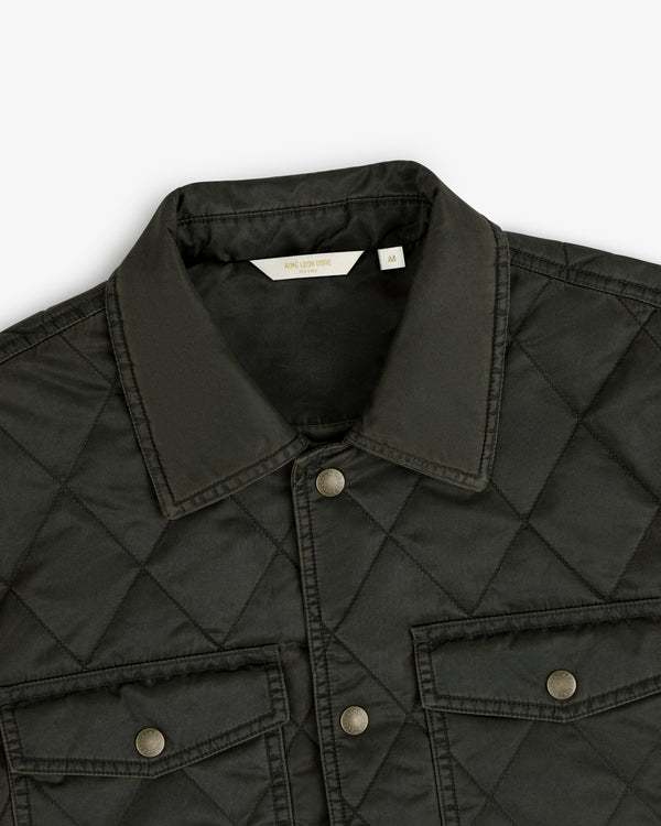 Dark olive Quilted Trucker Jacket with a collar, button front, and two chest pockets.