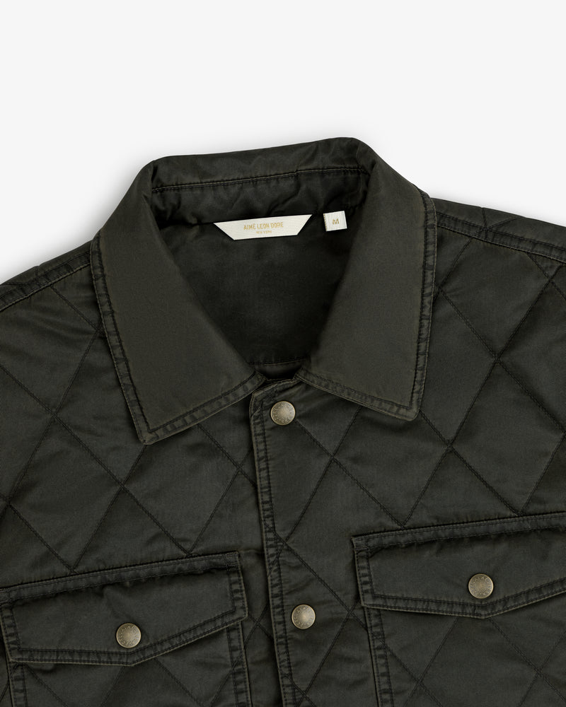 Dark olive Quilted Trucker Jacket with a collar, button front, and two chest pockets.