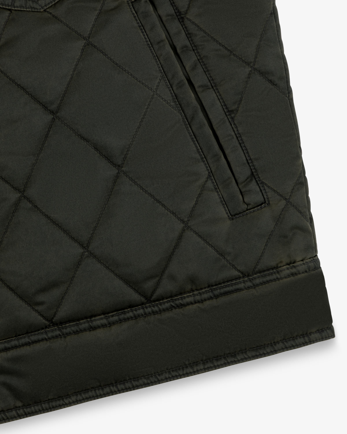 Olive green Quilted Trucker Jacket with a side pocket and a solid hem.