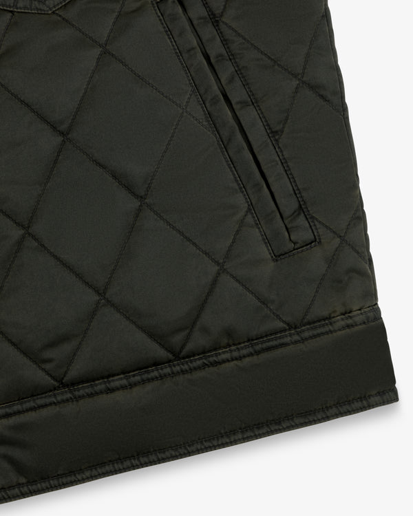 Olive green Quilted Trucker Jacket with a side pocket and a solid hem.
