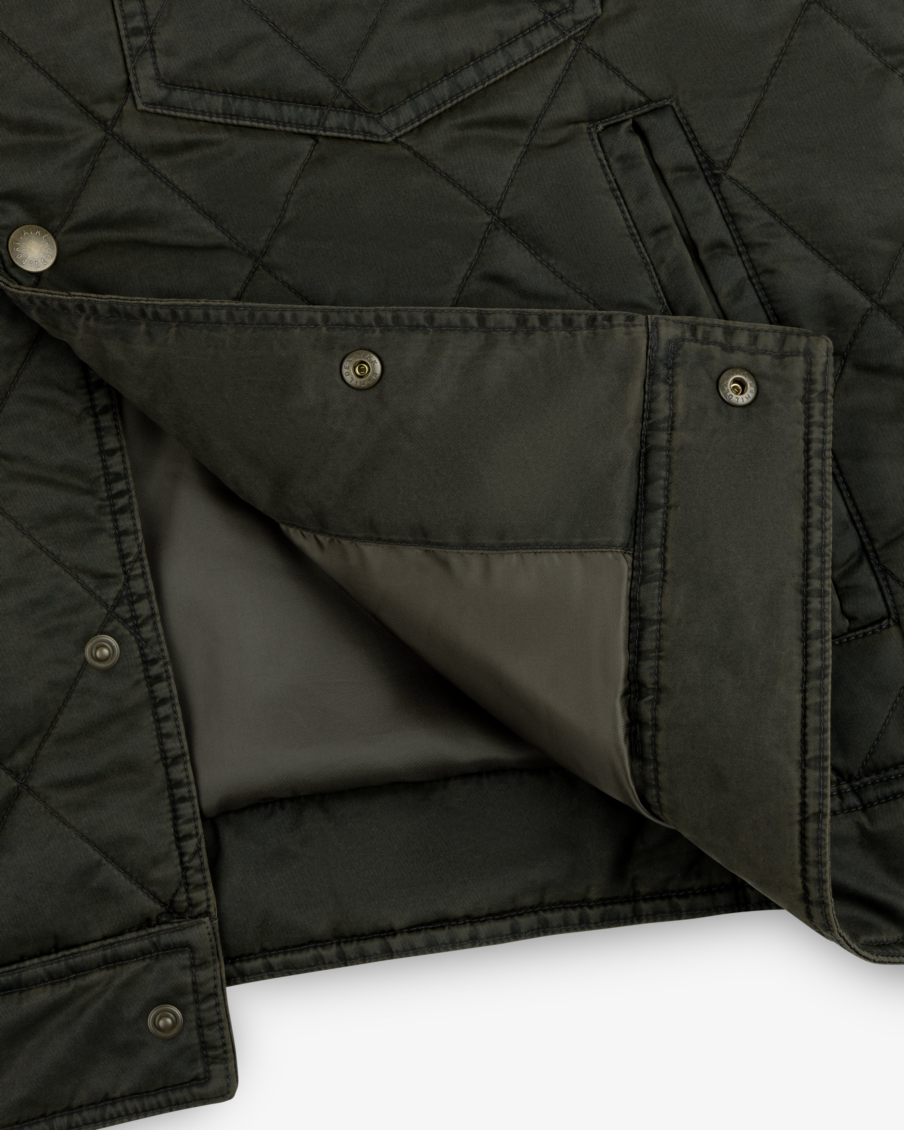 Olive green Quilted Trucker Jacket with snap buttons and a partially open front flap.