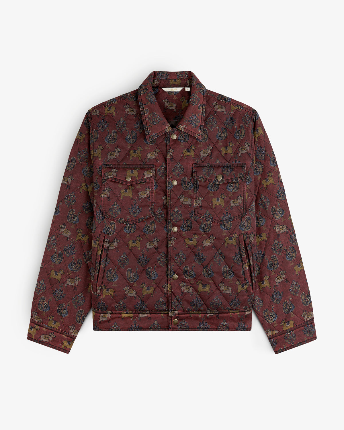 Quilted Trucker Jacket in deep red with an all-over multicolored animal and paisley print.