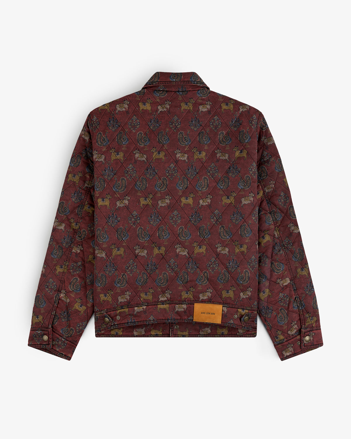 Back view of a burgundy Quilted Trucker Jacket featuring an all-over animal and floral print.