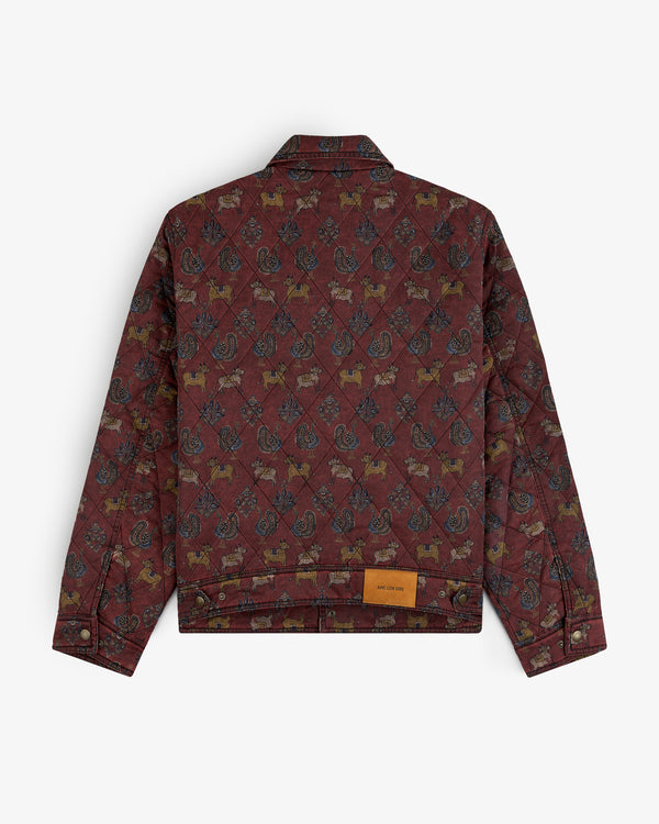 Back view of a burgundy Quilted Trucker Jacket featuring an all-over animal and floral print.